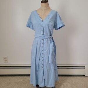 Gal Meets Glam Light Blue Linen Blend Button Front Midi Dress 10